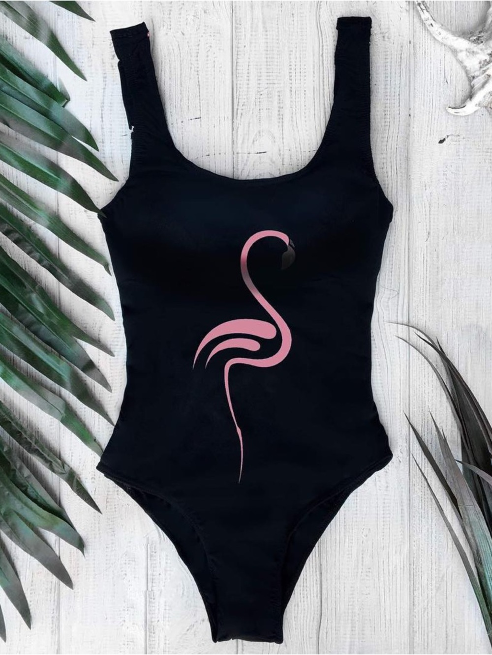 Women's Black One-Piece Swimsuit with Pink Flamingo Graphic